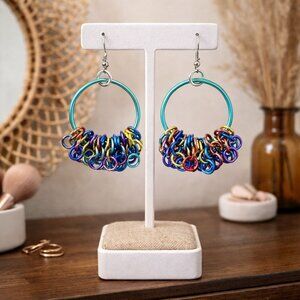 Handmade Chainmaille Hoop Earrings Rainbow Anodized Aluminum Statement